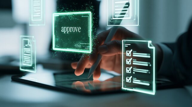 Digital document approval interface isolated on transparent background. Concept for automated business workflows and electronic paperless signatures in technology environments.