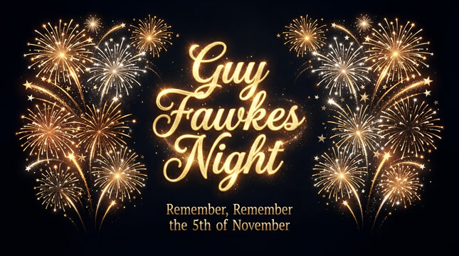 uy Fawkes Night, display card or poster design with glowing golden text and fireworks with fiery bursting rockets on black night sky