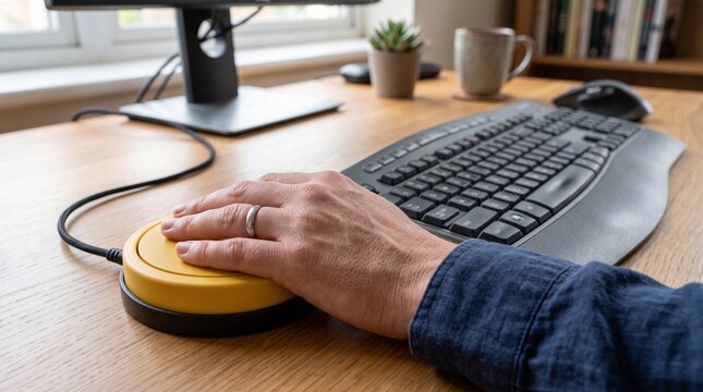  Hand resting on a yellow adaptive switch button on an ergonomic wooden office desk with keyboard and computer monitor   