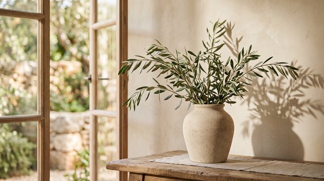 Handmade ceramic vase with olive branches illuminated by soft natural window light.
