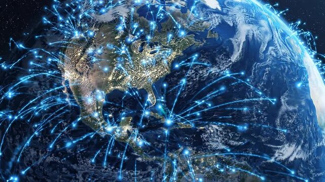 Earth connected by global data networks. Worldwide internet communication and digital connectivity concept.