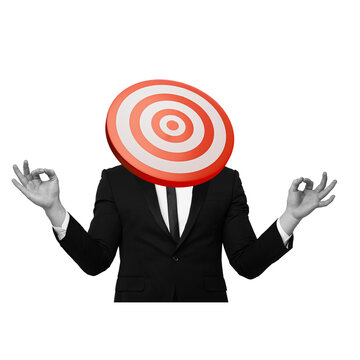 A person stands with a target symbol as their head. They wear a suit and hold their hands in a gesture of peace. The background is plain and transparent, making the subject stand out.