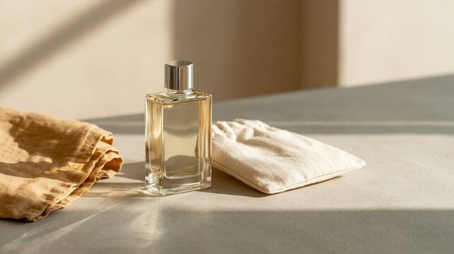 Minimalist perfume bottle with fabric pouches