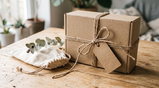 Recycled cardboard packaging styled with natural twine, paper, cotton, and botanical elements.
