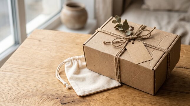 Recycled cardboard packaging styled with natural twine, paper, cotton, and botanical elements.