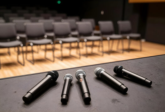 Public speaking and conference preparation microphones on stage in empty auditorium for business presentation seminar or panel discussion event