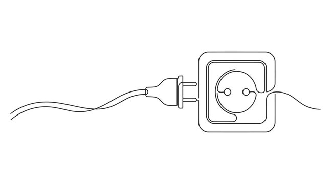 Continuous line drawing of an electrical cord connected to a wall socket with electric plug