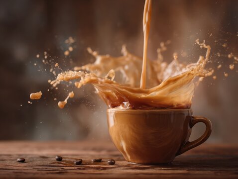 Hot coffee splash in cup closeup