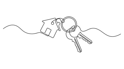 Obraz premium Continuous line drawing of a house silhouette attached to a keychain with keys real estate home ownership