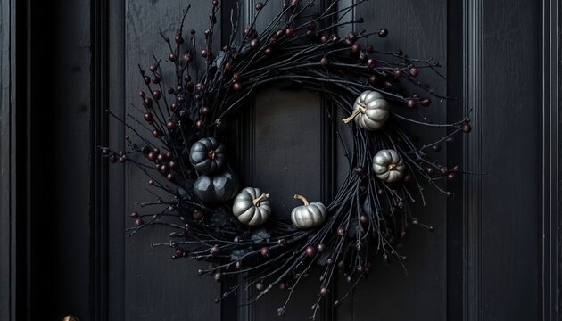 Gothic halloween wreath crafted from dark twisted twigs adorned with silver and black miniature pumpkins hanging against a moody black wooden front door displaying spooky autumn seasonal decoration ae