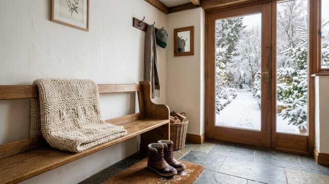 A cozy hallway with a wooden bench and boots leads to a snowy winter garden through a glass door