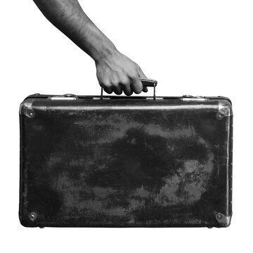 A hand grips the handle of an old suitcase. The suitcase shows signs of wear and tear. The background is transparent. This scene suggests travel or moving.