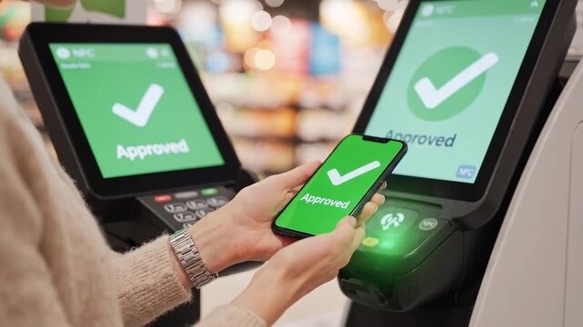 Woman completes a contactless smartphone payment at a checkout terminal. Digital wallet transaction is approved through NFC technology.