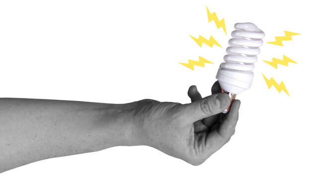 A hand holds a twisty light bulb against a transparent background. The light bulb has energy symbols around it. This shows a focus on electricity and power.