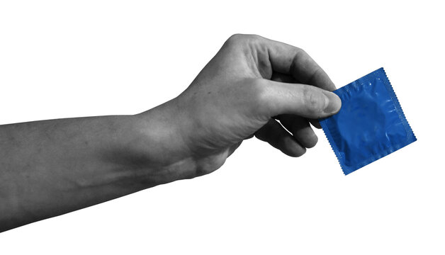 A hand is reaching out to offer a blue condom. The background is transparent, focusing attention on the hand and the condom. This action can signify safe practices.