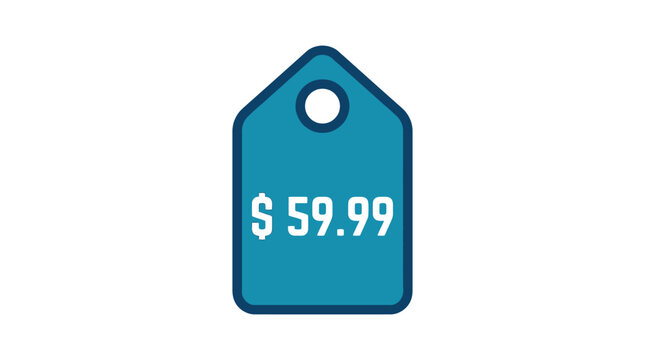 Blue price tag displaying fifty nine dollars and ninety nine cents silhouette