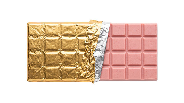 Ruby Pink Chocolate Bar in Open Gold Foil Wrapper Isolated on Transparent Background for Gourmet Sweet Dessert Mockup