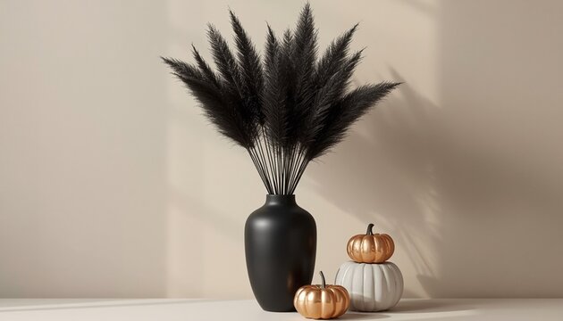 Elegant black pampas grass bouquet inside a matte black ceramic vase displayed alongside metallic gold and white decorative pumpkins sitting on a minimalist wooden table surface against a neutral beig