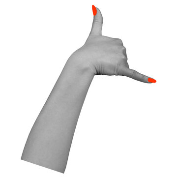 A hand is raised with the pinky and thumb extended. The fingers are positioned to form a specific gesture. One nail is painted orange. The background is transparent.