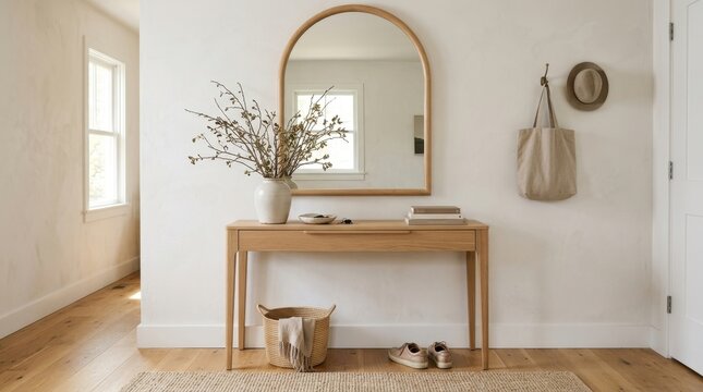 A modern and minimalist entryway with a wooden console table and arch mirror provides a welcoming home interior