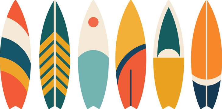 Collection of colorful retro surfboards in a flat vector style against a white background for summer designs