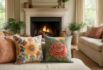 Obraz premium Home interior design and cozy living room decor, embroidered floral cushions on a comfortable sofa with a warm fireplace in a rustic country house