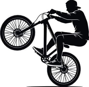 Cyclist performing a wheelie trick on a mountain bicycle extreme sports stunt vector illustration graphic element