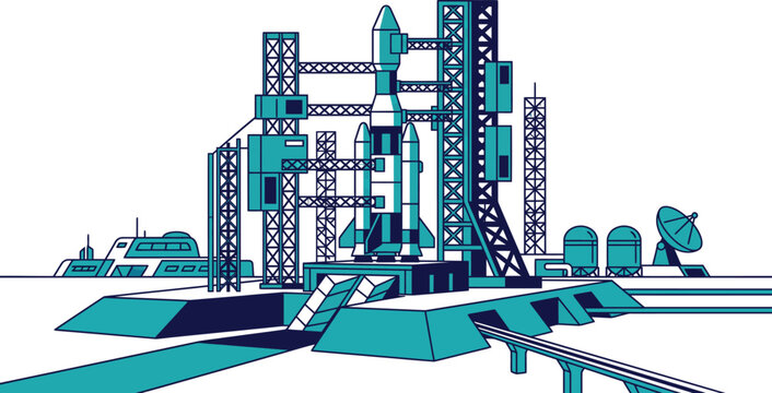 Space rocket launch pad vector illustration, futuristic spacecraft on gantry tower, teal and navy blue cosmic mission base with satellite dish