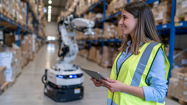 Rear view of a female warehouse operations supervisor with medium brown skin inspecting a mobile autonomous robot equipped with an articulated robotic arm, high visibility reflective vest, tablet in