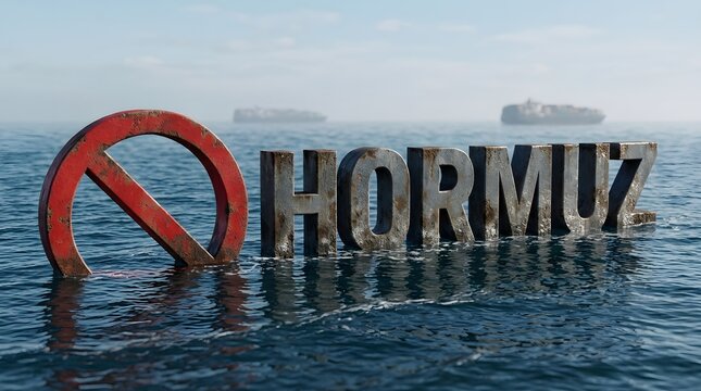 Red prohibition sign and rusty metal letters spelling hormuz in the sea with ships in the background