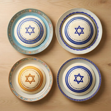 Jewish tradition and religious identity, kippah head coverings with star of david embroidery on decorative ceramic plates for holiday celebration