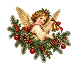 Obraz premium PNG Vintage Christmas angel with bell, holly, pine branches, ornaments