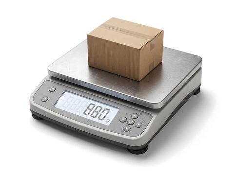 Small cardboard box placed on a digital stainless steel weighing scale isolated on a white background.