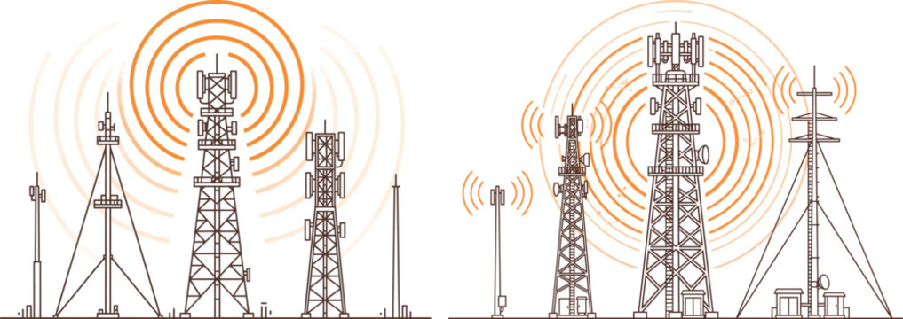 Cell towers with radiating waves depict wireless communication infrastructure telecommunication transmission network antennas signals connectivity