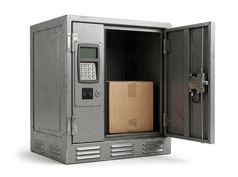 Open metallic electronic parcel locker with a cardboard box stored inside, isolated on a white background.