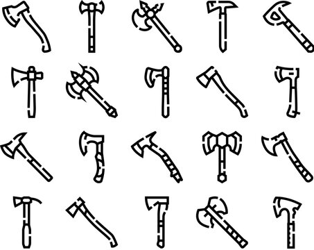 Axe weapons and tools collection featuring a variety of hatchets. Tomahawks. And broadaxes. Illustrating concepts of cutting. Carpentry. Forestry. Viking culture