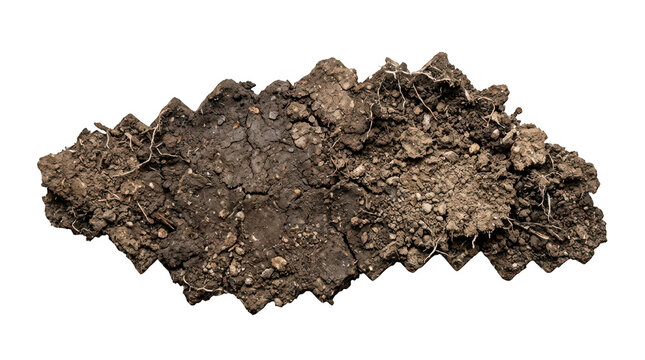 Isolated piece of fertile soil ground with organic roots and textures transparent background