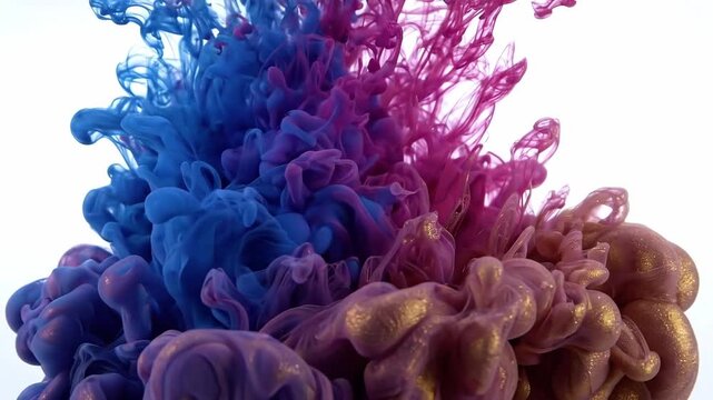 Colorful ink clouds expand and mingle in liquid, forming swirling pigment plumes with abstract fluid motion and dye diffusion for creative and scientific