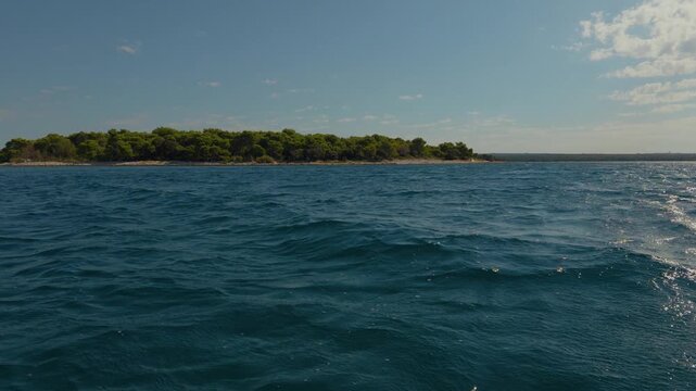 Scenic beach with clear blue sea water with waves, and lush green pines. Low-angle seaside coast