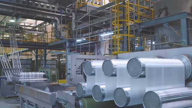 Industrial automation factory production line weaving plant of polypropylene yarn spools bags textile spinning modern machine . White thread reels with ropes making plastic sacks or fabric process