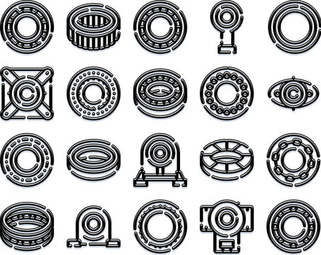 Industrial bearing components representing various machine parts and mechanical elements for engineering and manufacturing, illustrating different types of ball and roller bearings as outline icons