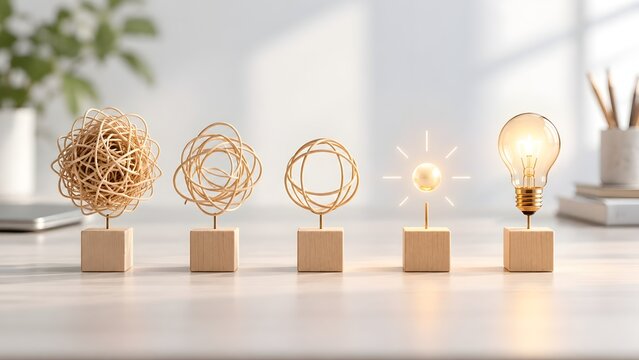 Wooden blocks on a desk showing the evolution of a chaotic tangled string into an organized sphere and finally a glowing lightbulb representing clear thinking problem solving and creative ideas