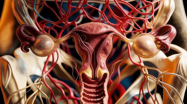 Anatomical 3D render of the human female reproductive system with detailed vascular network