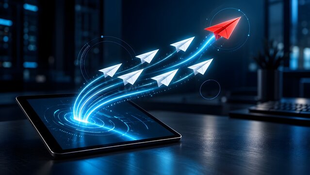 Glowing red paper airplane leading a group of blue digital airplanes emerging from a tablet representing leadership digital communication and innovative business strategy