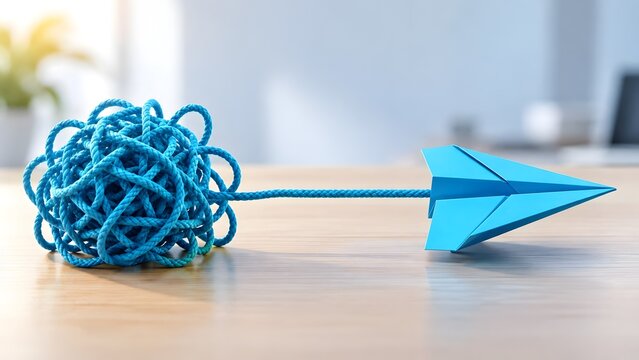 Tangled blue rope unwinding to form a paper airplane on a wooden desk representing problem solving simplification clear communication and creative business solutions