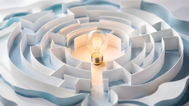 Bright glowing lightbulb resting in the center of a clean white circular maze representing complex problem solving creative ideas and strategic business solutions