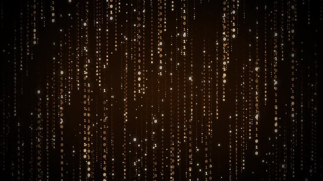 Futuristic golden binary code stream flowing vertically as digital matrix rain for cyber security big data processing and quantum