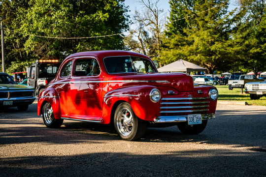 1947 Ford Super Deluxe red coupe restomod three-quarter