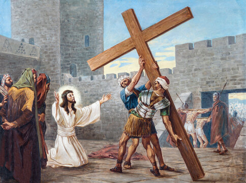 Monza - The painting of Jesus carried his cross  (cross was station) the church Chiesa di San Carlo by Giovanni Battista Briani from 20. cent.