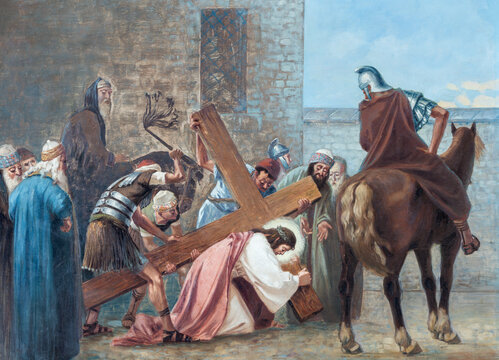Monza - The painting of Jesus fall under the cross (cross was station) the church Chiesa di San Carlo by Giovanni Battista Briani from 20. cent.